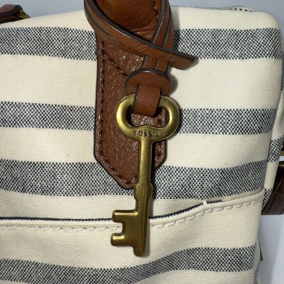 FOSSIL Coated Canvas Striped Fiona satchel Crossbody Shoulder Bag Blue/Off White - Picture 11 of 16